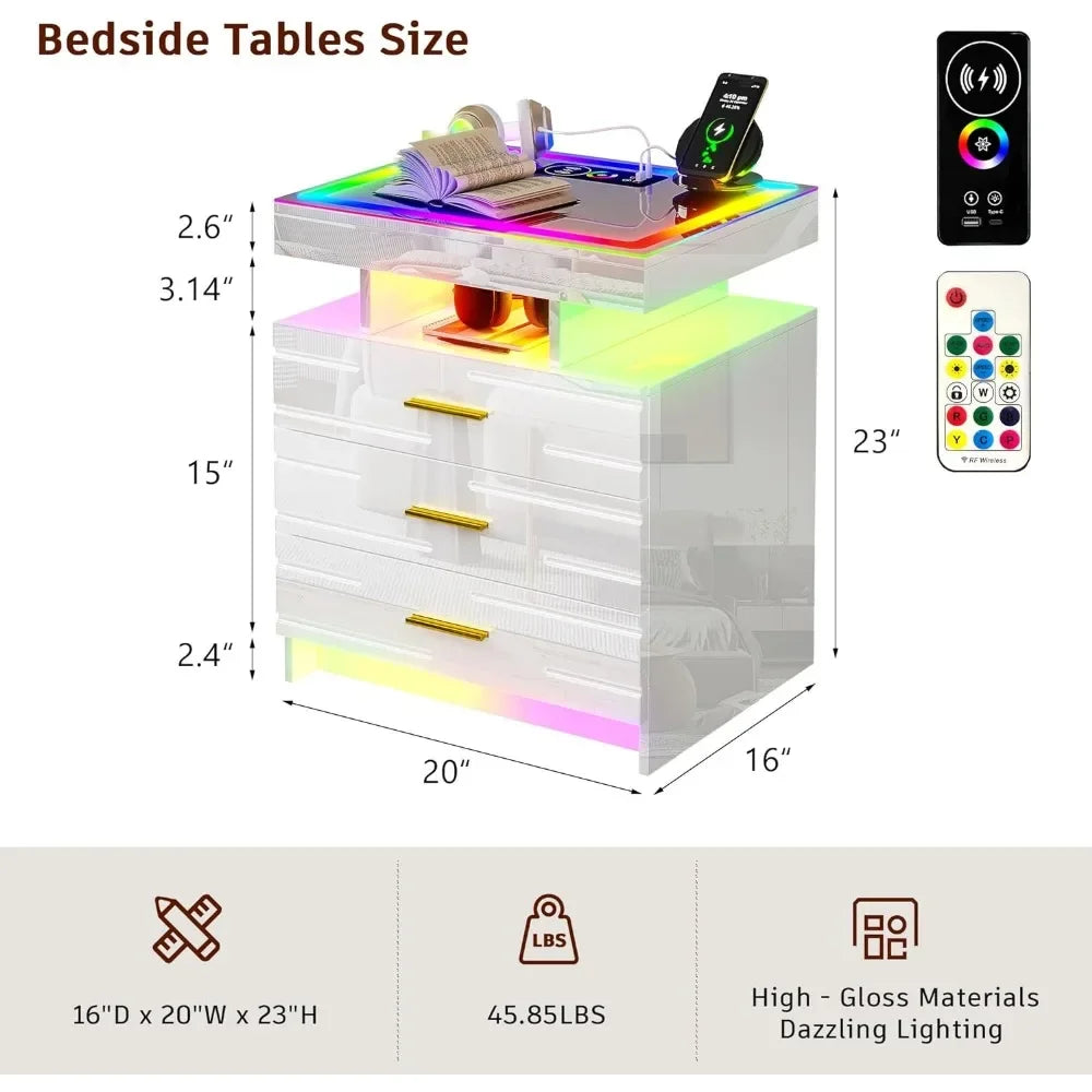 LED Nightstand with Wireless Charging Station & USB Ports